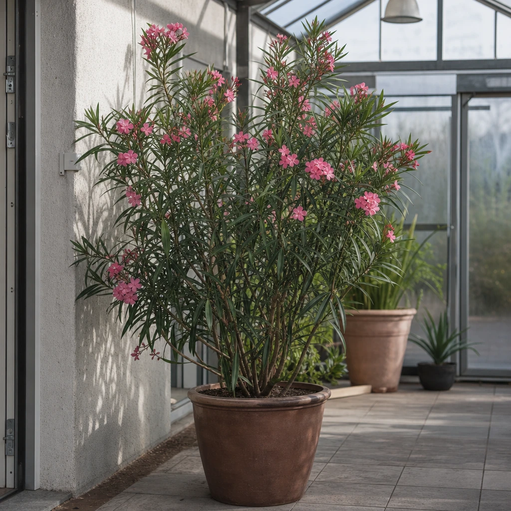 Nerium oleander overwinterend in een koele, lichte ruimte met minimale bewatering, klaar voor het volgende groeiseizoen