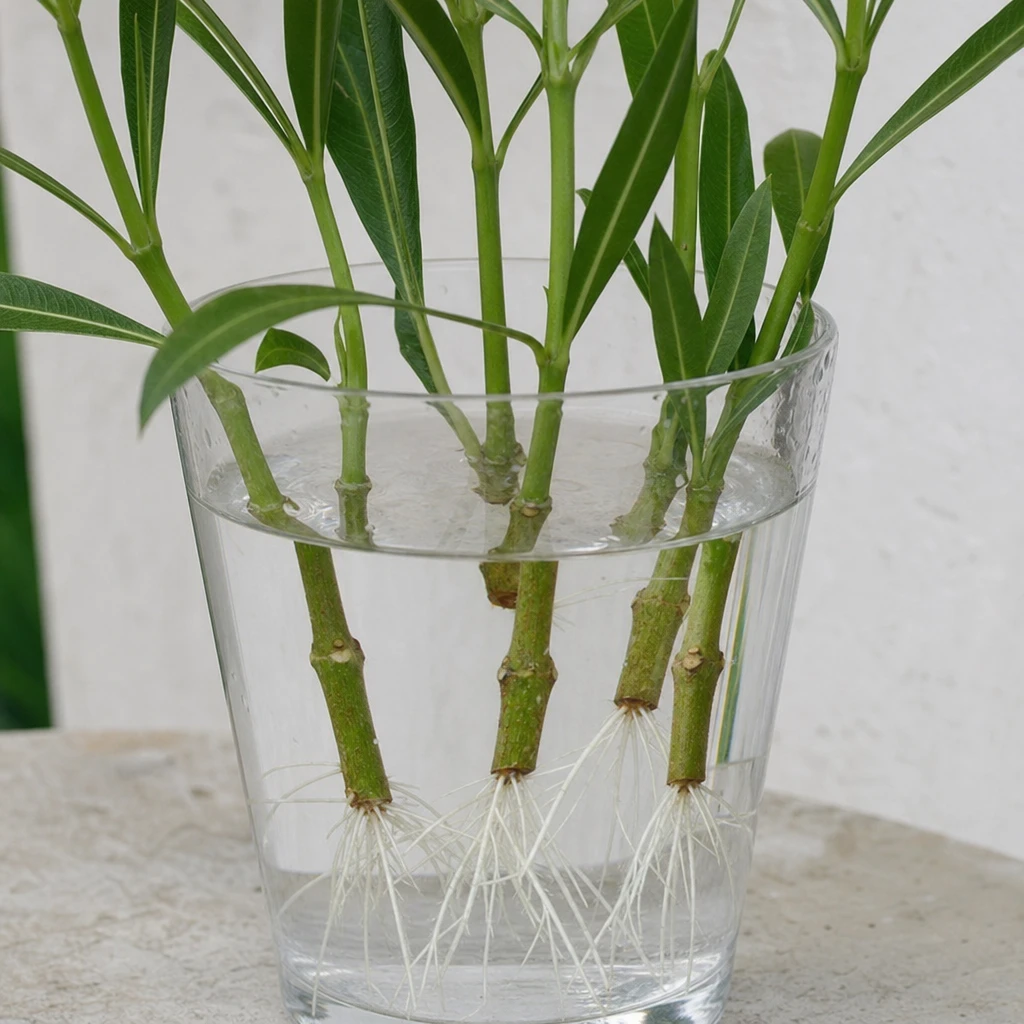 Oleander stekken in een glas water met zichtbare wortels naast een volwassen Nerium oleander in bloei op een zonnig terras