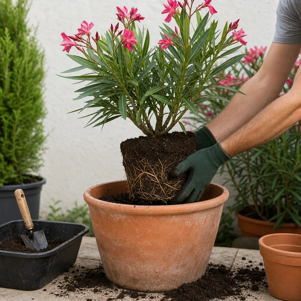 Handen met tuinhandschoenen die een Nerium oleander verpotten in een nieuwe terracotta pot, met verse potgrond en perliet klaarstaand op een tuintafel
