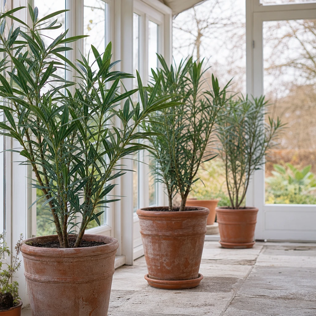 Nerium oleander overwinterend in een lichte, koele serre met minimale bewatering en temperatuur tussen 5 en 10 graden Celsius