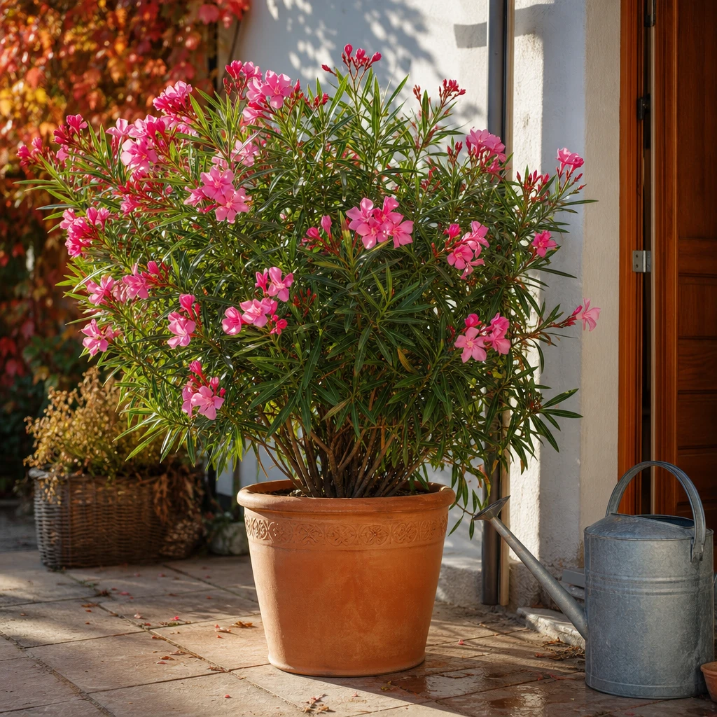 Nerium oleander op een terras in de herfst, omgeven door vallende bladeren, klaar om naar binnen te worden gehaald voor de overwintering