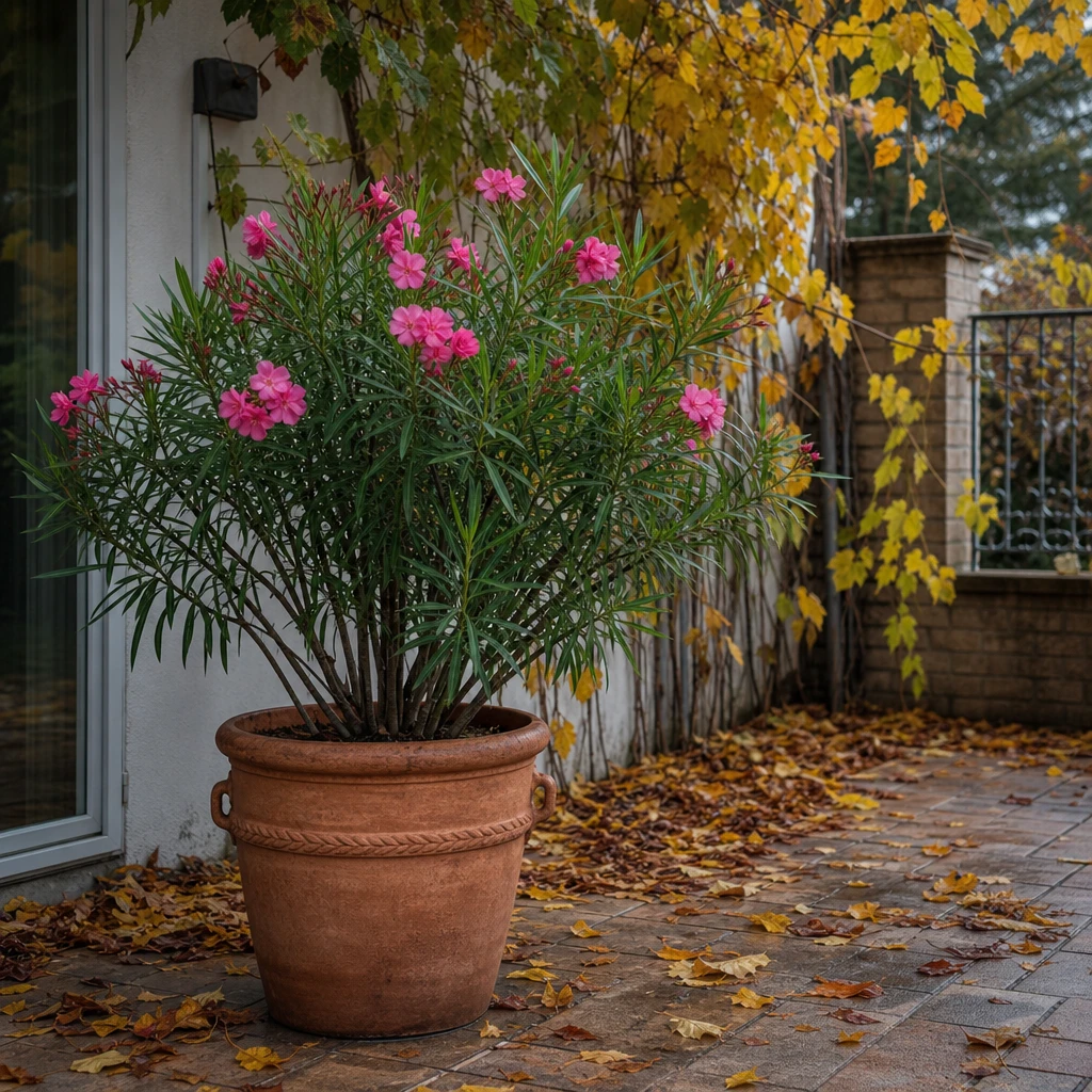 Nerium oleander op een terras in het najaar, omgeven door herfstkleuren, klaar om naar een koele vorstvrije overwinteringsruimte te worden gebracht