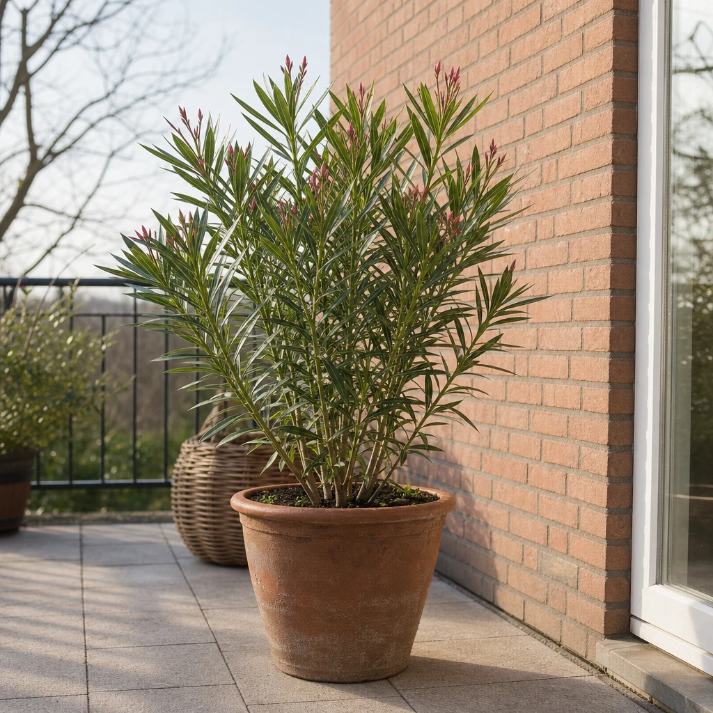 Nerium oleander die in het vroege voorjaar geleidelijk wordt afgehard op een beschutte, halfschaduwplek buiten, klaar voor de overgang naar volle zon