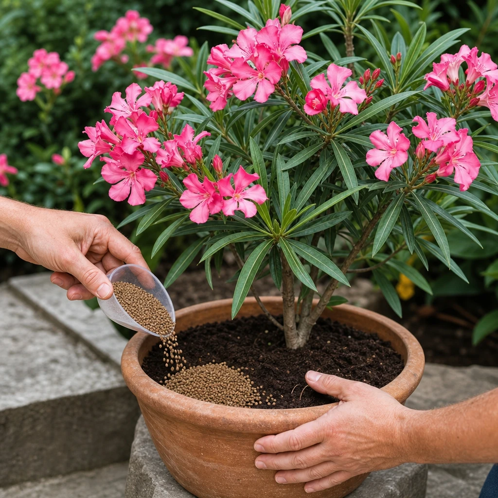 Rietcelbacteriekorrels worden toegevoegd aan de potgrond van een bloeiende Nerium oleander in een terracotta kuip op een zonnig terras