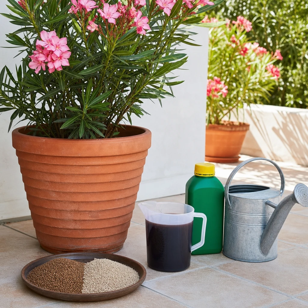 Rietcelbacteriekorrels en vloeibare meststof naast een bloeiende Nerium oleander in een terracotta kuip op een zonnig terras