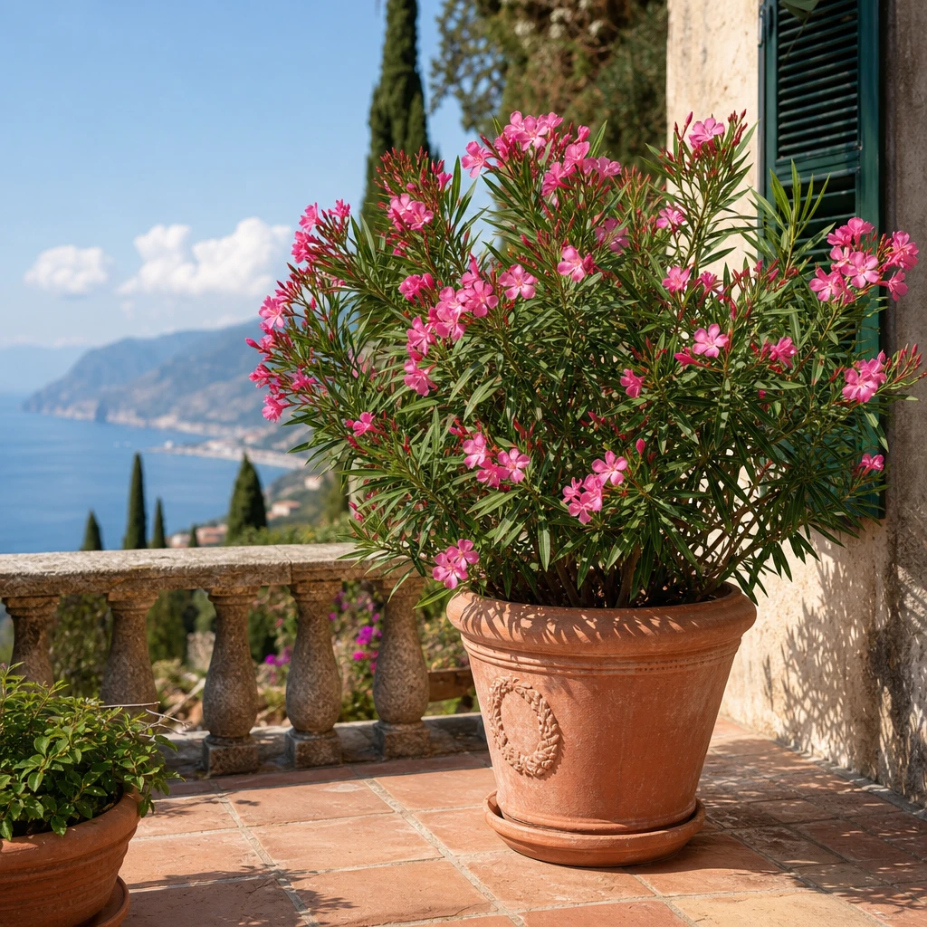 Een weelderig bloeiende Nerium oleander met roze bloemen in een grote terracotta pot op een zonnig terras met mediterrane sfeer