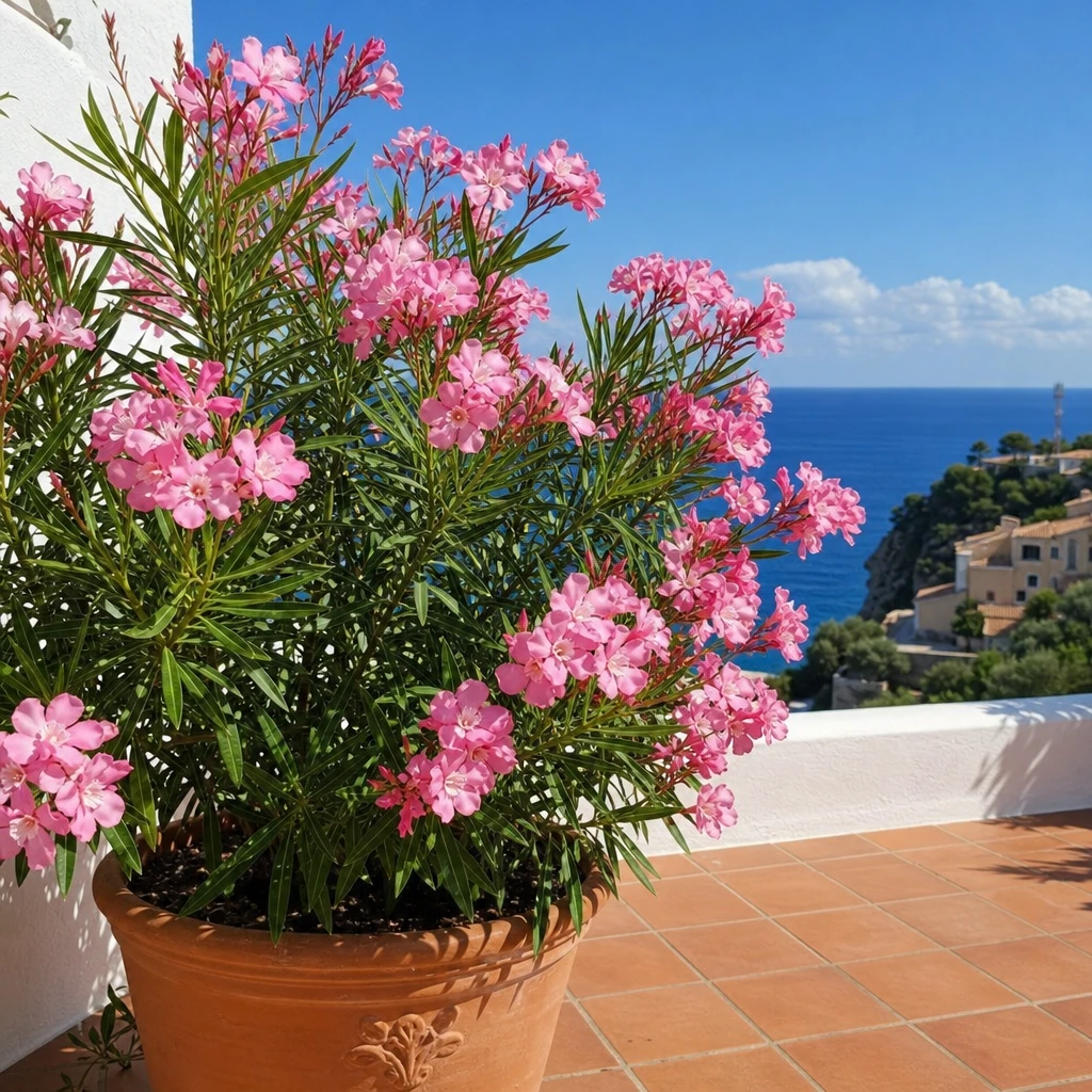 Roze bloeiende Nerium oleander op een zonnig terras