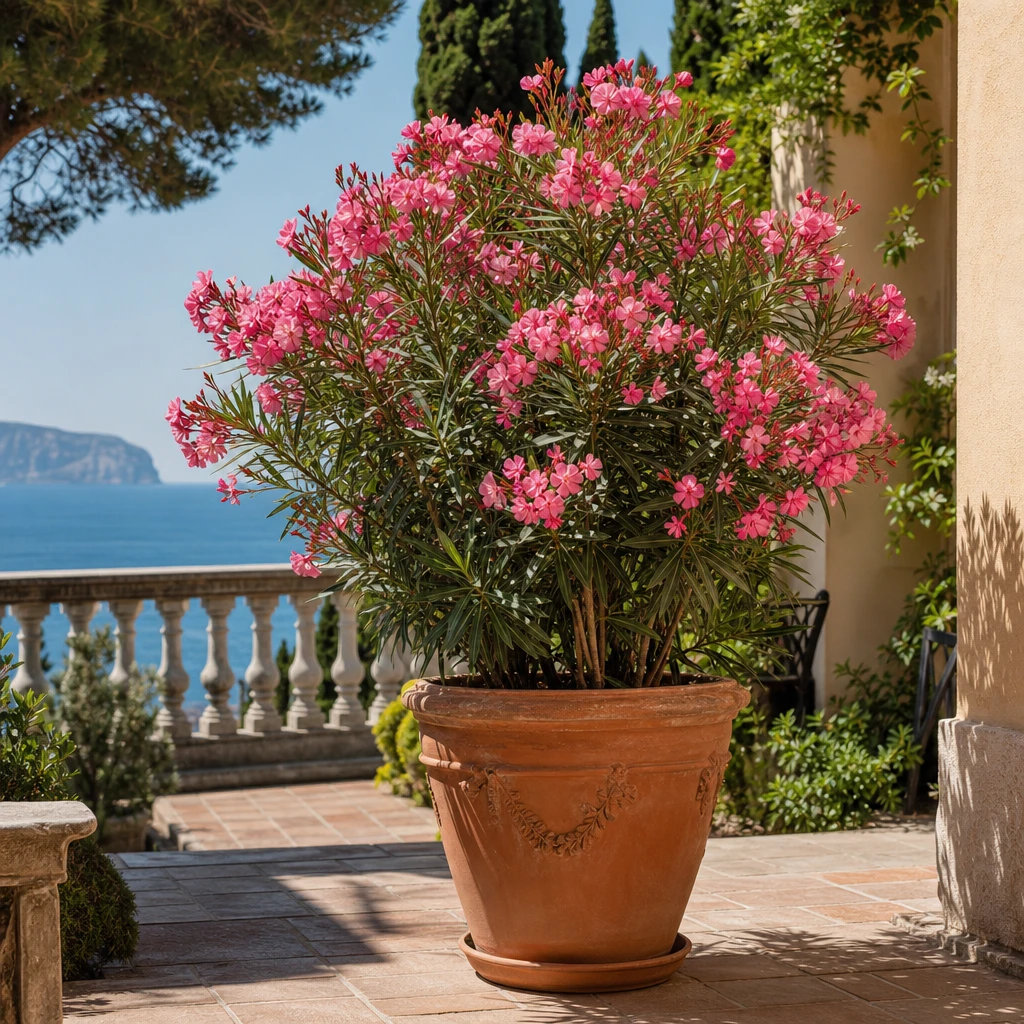 Een weelderig bloeiende Nerium oleander met roze bloemen in een grote terracotta pot op een zonnig terras met mediterrane sfeer