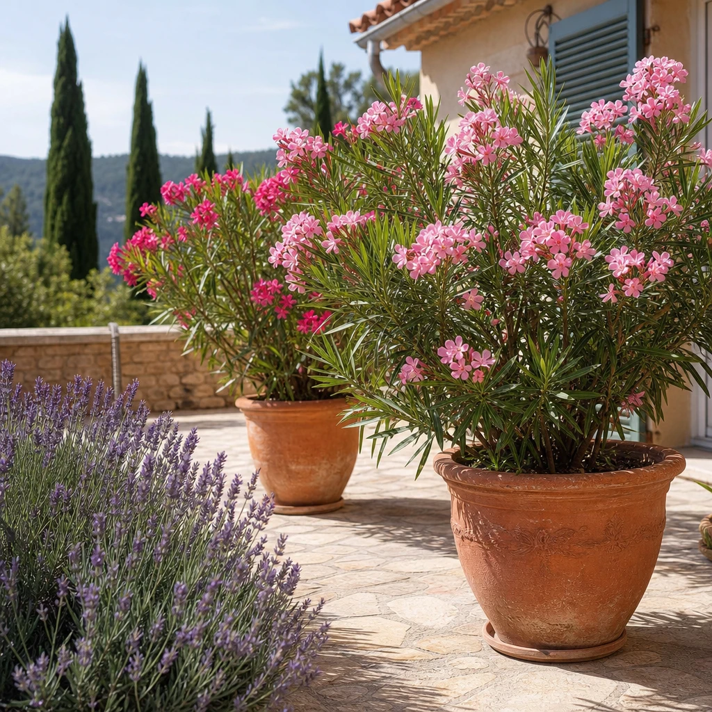 Meerdere Nerium oleanders in terracotta kuipen op een zonnig terras, gecombineerd met lavendel en rozemarijn voor een complete mediterrane sfeer