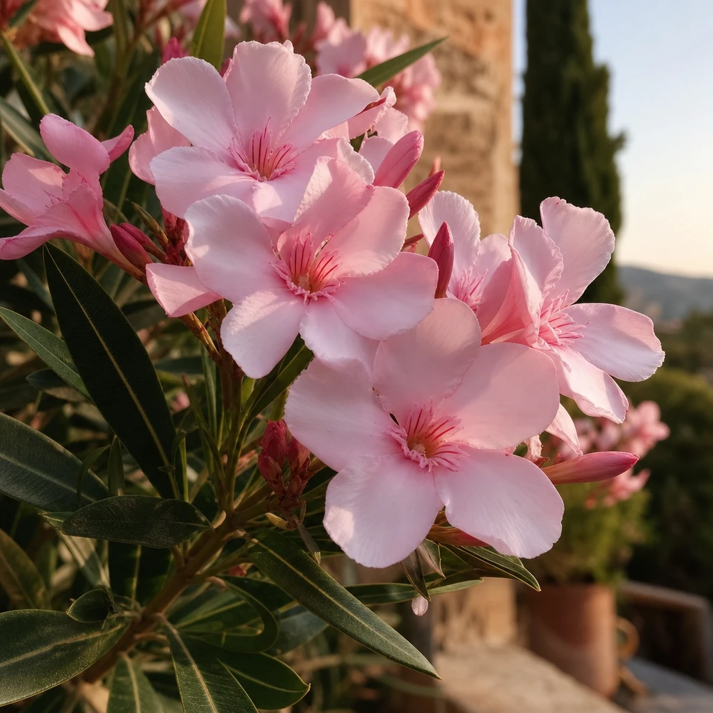 Close-up van weelderige Nerium oleander bloemen in roze en wit, omringd door groene bladeren op een zonnig mediterraan terras