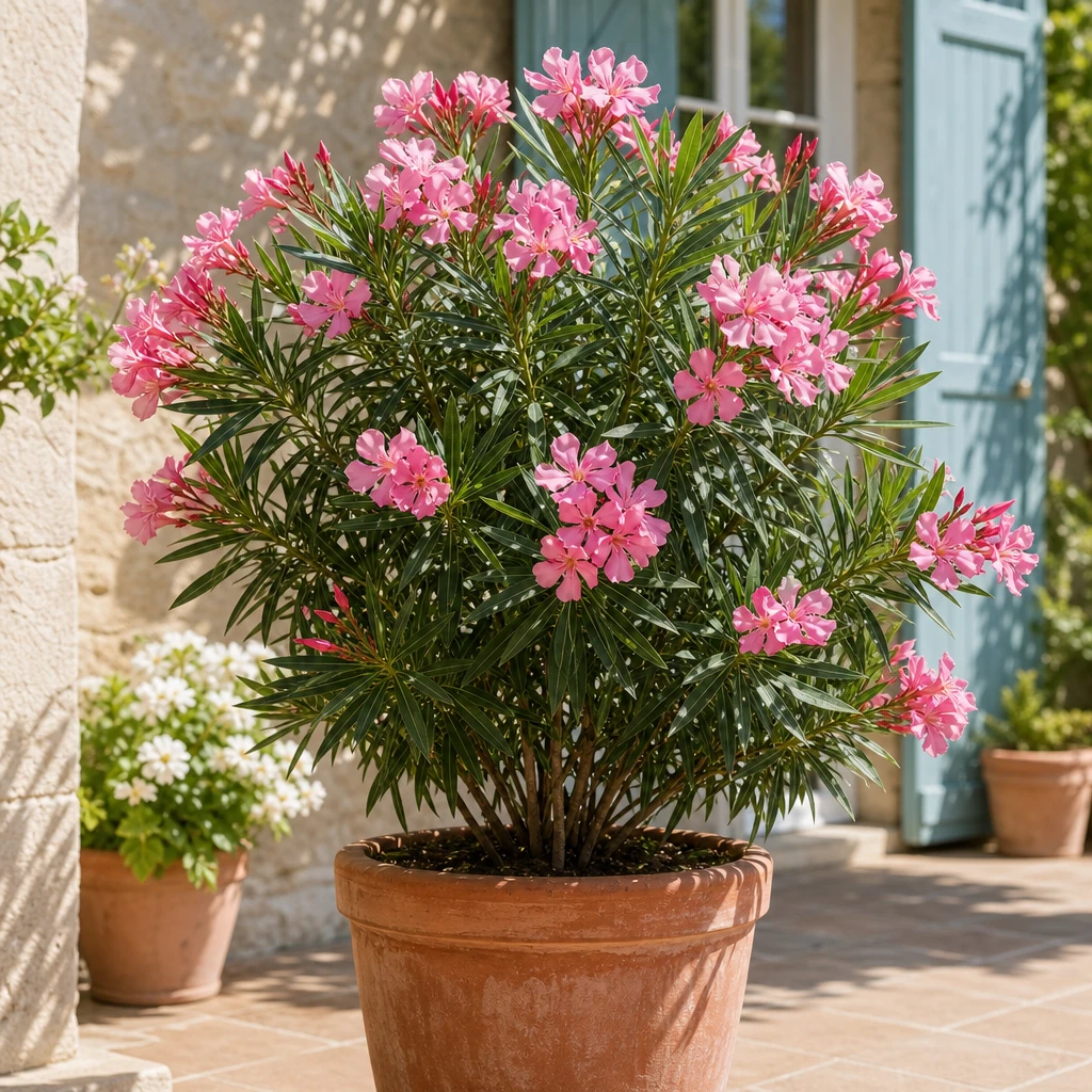 Een gezonde Nerium oleander met uitbundige roze bloemen in een terracotta kuip, omringd door mediterrane planten op een zonnig terras