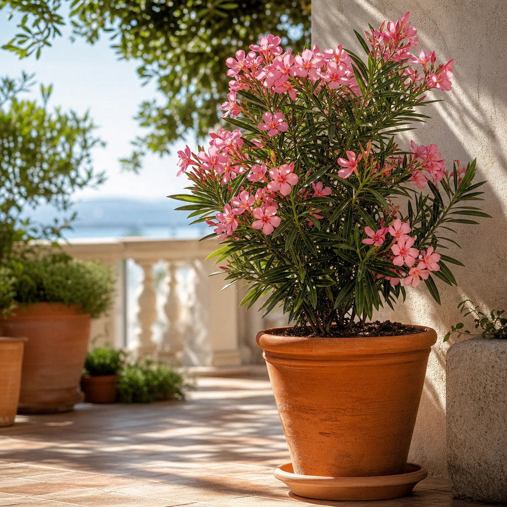 Een gezonde Nerium oleander met weelderige roze bloemen in een terracotta kuip op een zonnig mediterraan terras, omringd door zomerse sfeer