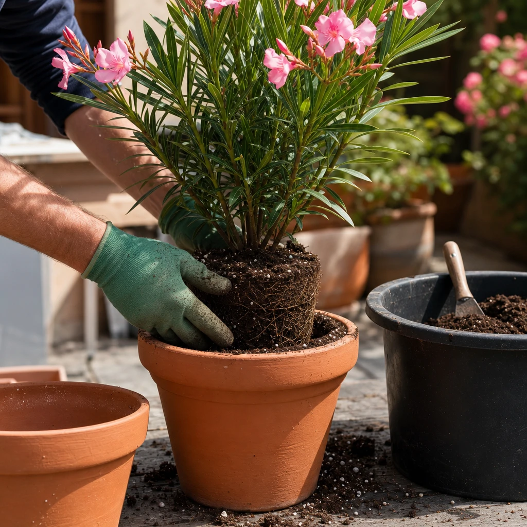 Een Nerium oleander wordt voorzichtig verpot in een grotere terracotta pot met verse kuipplantengrond en perliet, klaar voor een nieuwe groeisezone