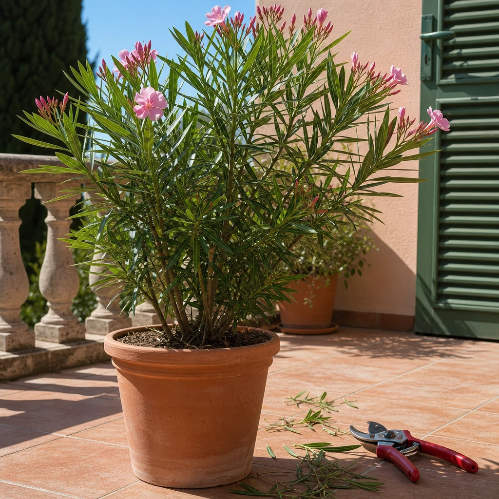 Een Nerium oleander wordt in de lente gesnoeid met handschoenen, klaar voor een nieuwe groeisezone op een zonnig terras