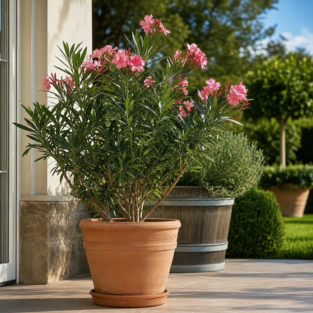 Een Nerium oleander wordt in de lente stap voor stap buiten gezet op een beschutte, halfzonnige plek op een terras, klaar om te wennen aan de buitenlucht na de overwinteringsperiode