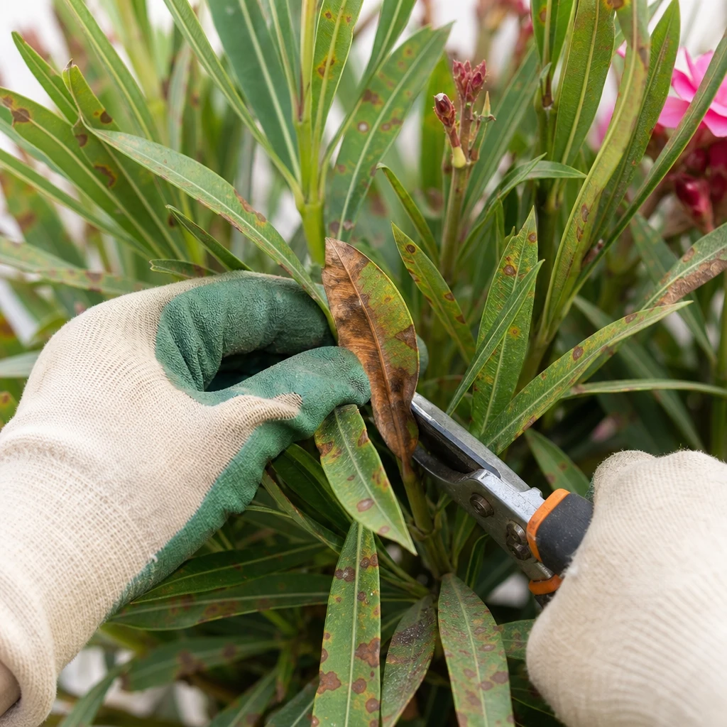 Detailopname van een oleanderblad met bruine vlekken en randen, terwijl een tuinier met handschoenen het beschadigde blad verwijdert