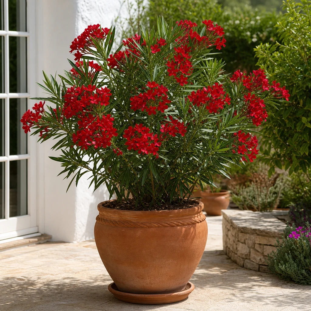 Rode Nerium oleander in grote terracottapot op patio