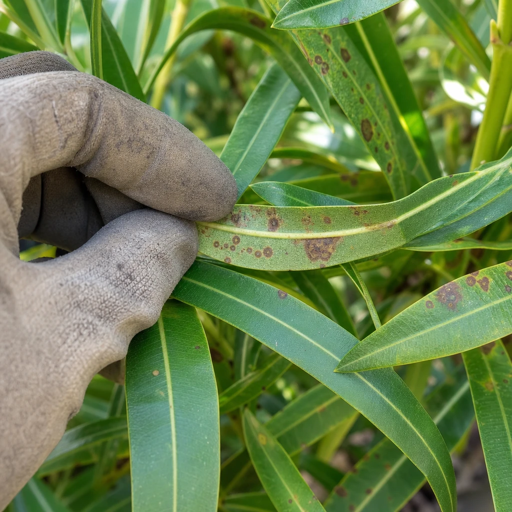 Nerium oleander blad met verschillende soorten bruine vlekken en een hand met handschoen die het blad onderzoekt om de oorzaak te achterhalen
