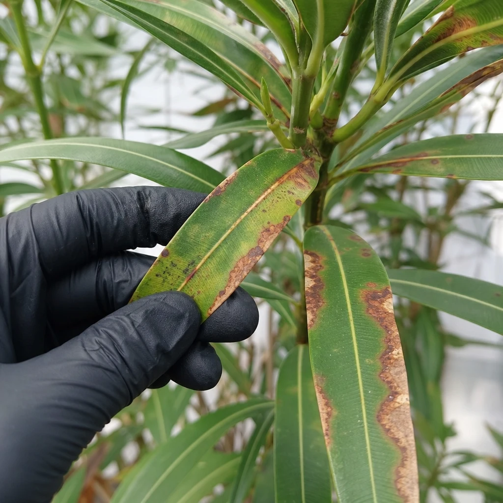Close-up van een Nerium oleander met bruine bladvlekken en verdorde randen, een hand met tuinhandschoen onderzoekt het blad
