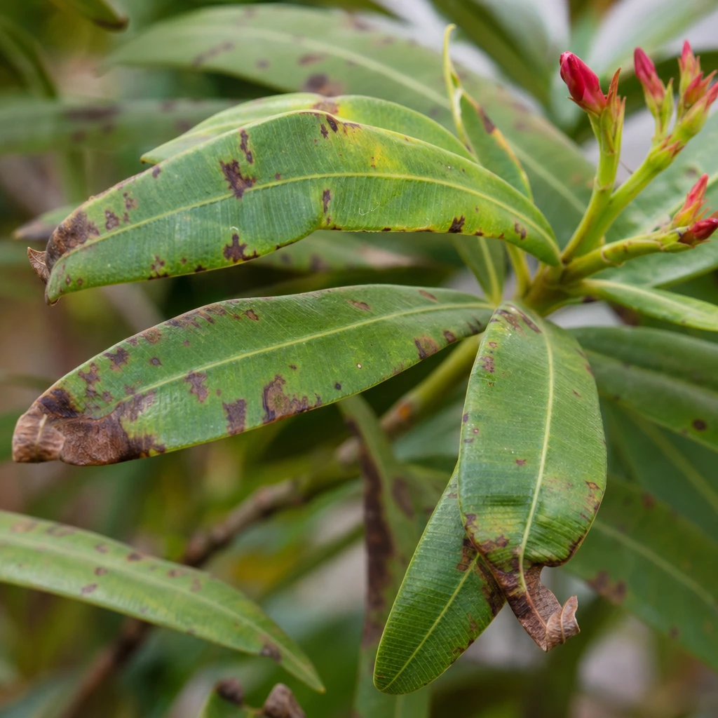 Nerium oleander bladeren met bruine randen en vlekken, een hand met tuinhandschoen bekijkt het blad