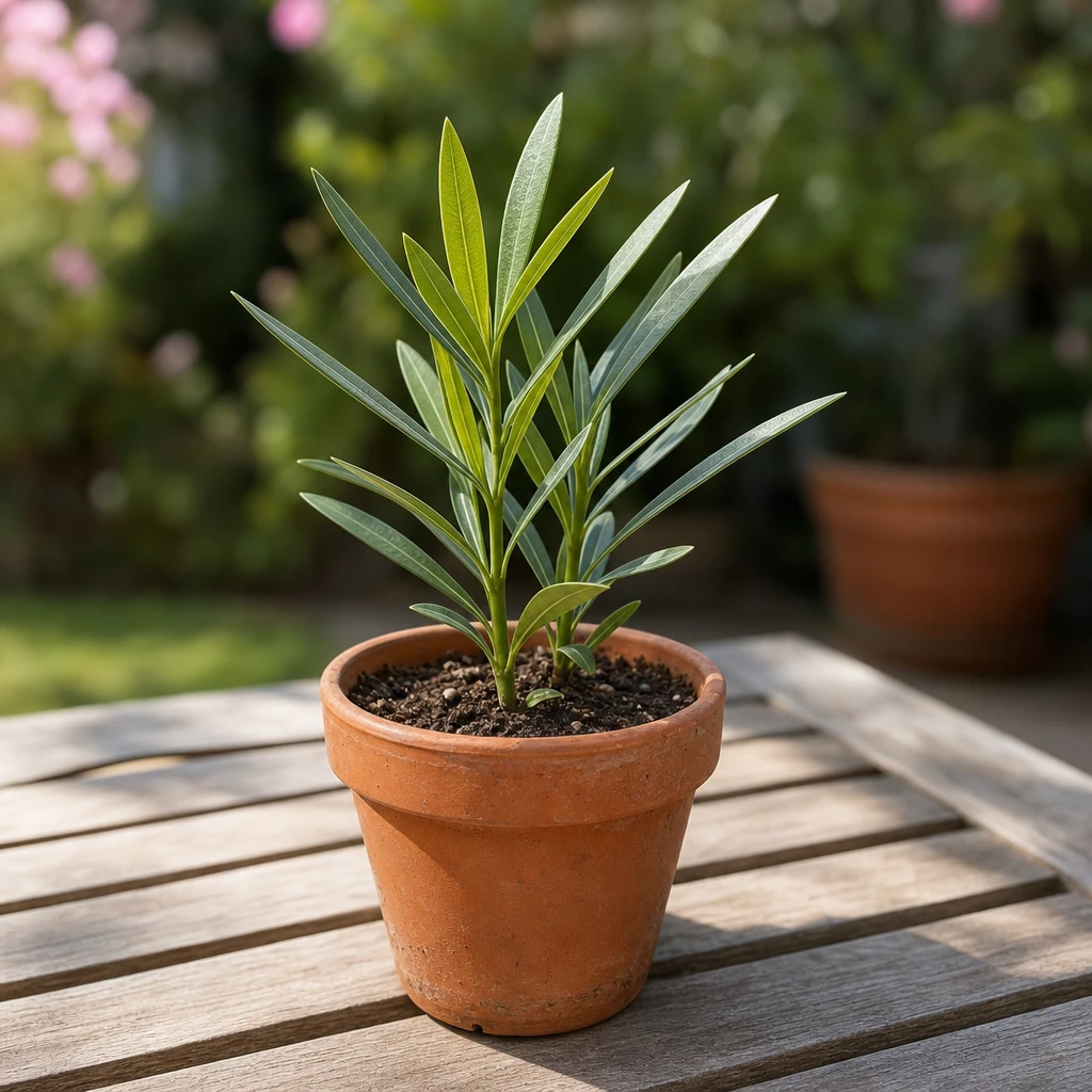 Jonge oleander plant van ca. 30 cm hoog in een kleine terracotta pot