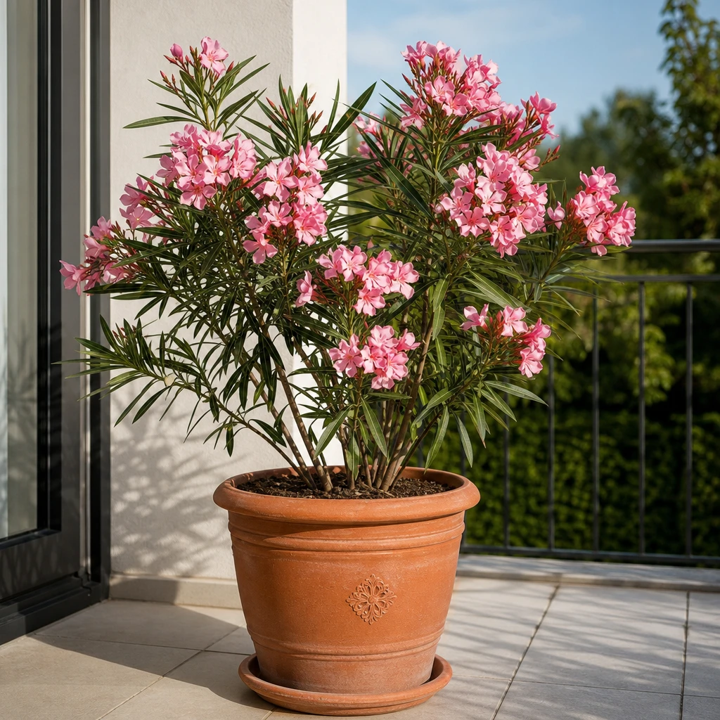 Nerium oleander van ca. 60 cm met roze bloemen in een stijlvolle terracotta kuip