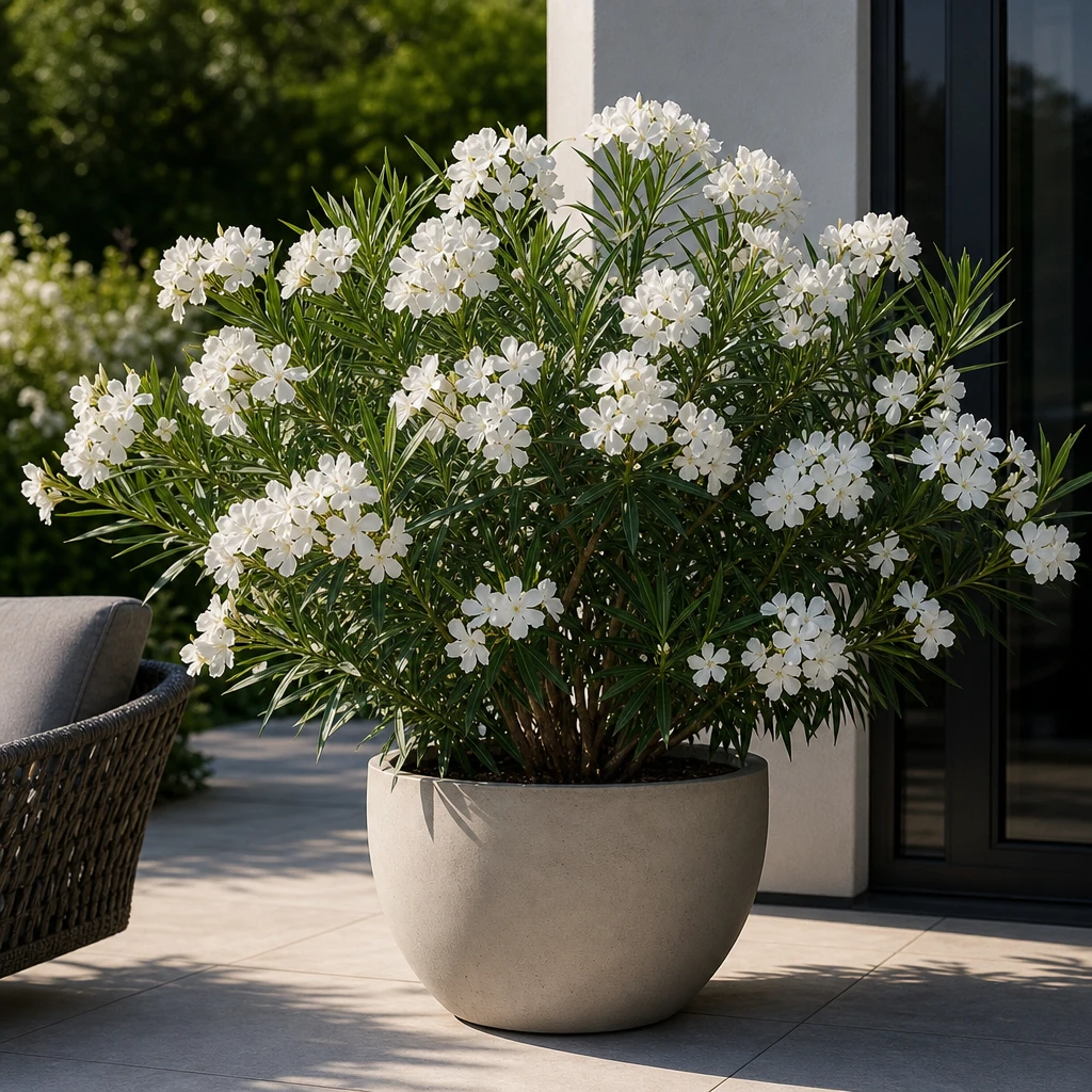 Grote oleander van ca. 100 cm hoog met uitbundige witte bloemen in een moderne pot