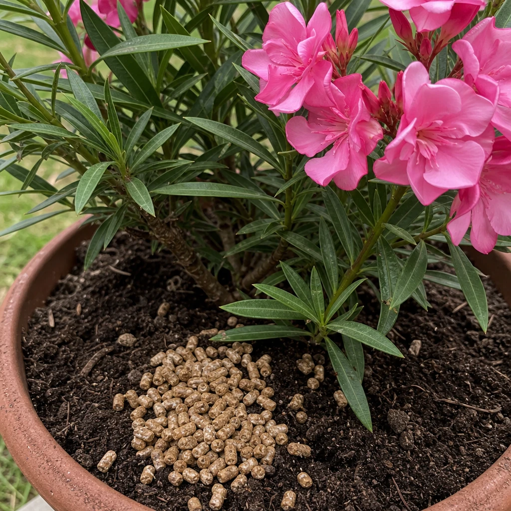 Potje rietcelbacteriekorrels naast een Nerium oleander in bloei, klaar voor eenmalige jaarbemesting
