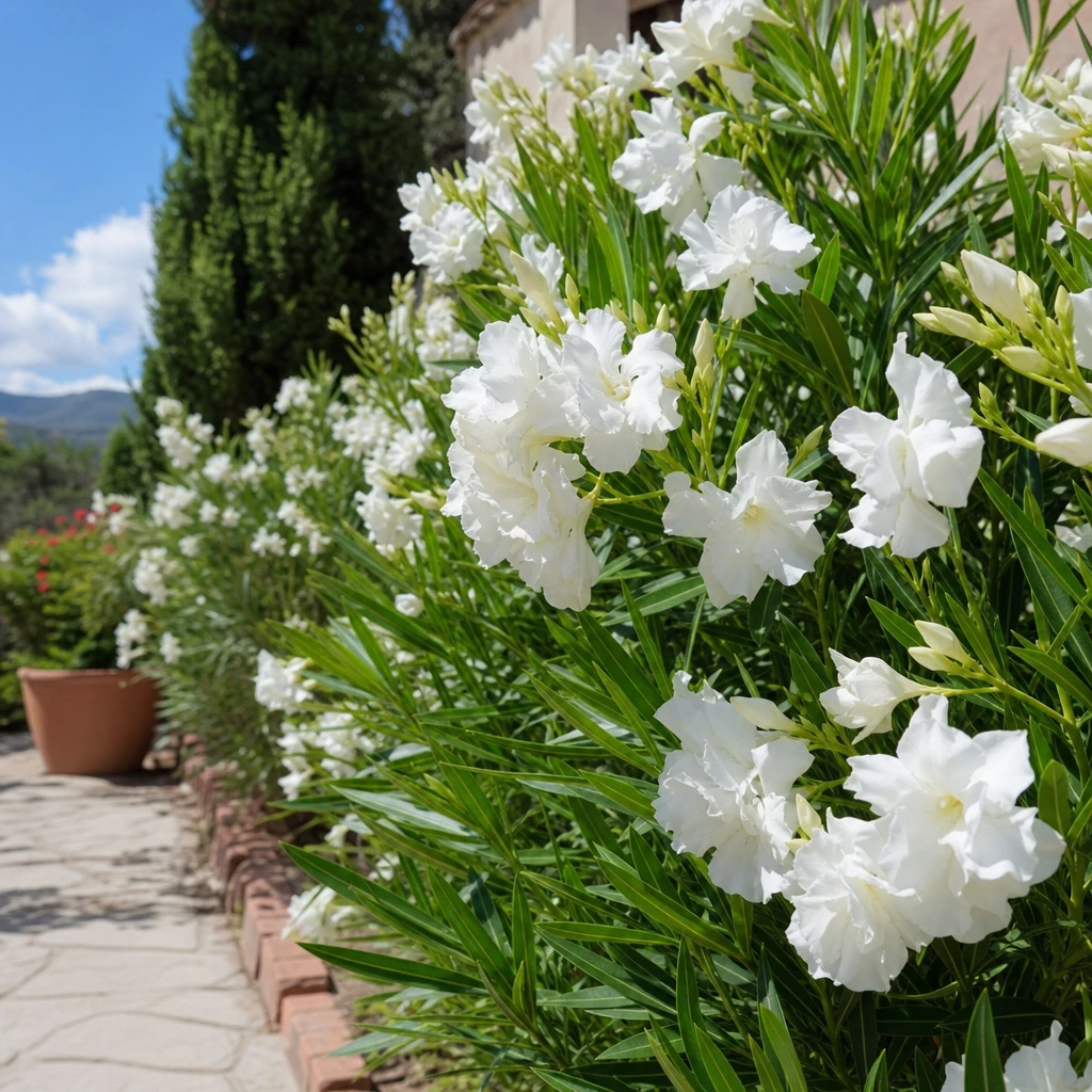 Wit dubbelbloeiende Nerium oleander in zonnige tuinborder