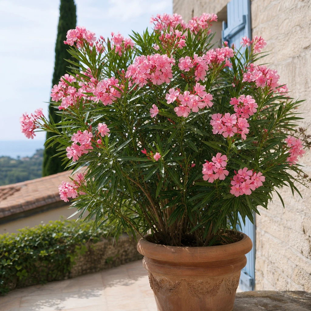 Een weelderig bloeiende Nerium oleander met roze bloemen in een terracotta pot op een zonnig terras