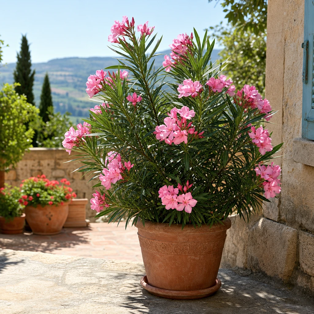 Een weelderig bloeiende Nerium oleander met roze bloemen in een terracotta pot op een zonnig terras met mediterrane sfeer
