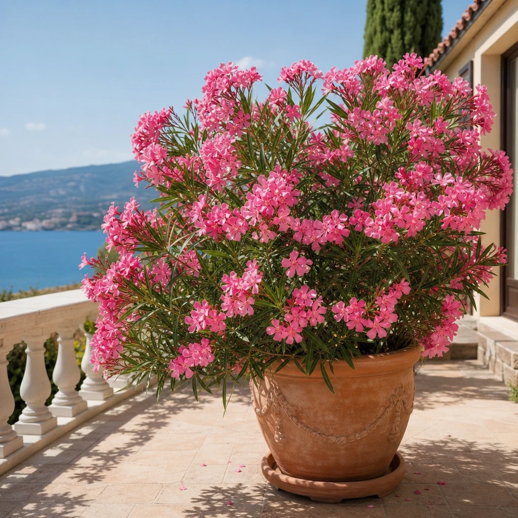 Nerium oleander in volle bloei op een zonnig terras, omgeven door mediterrane beplanting
