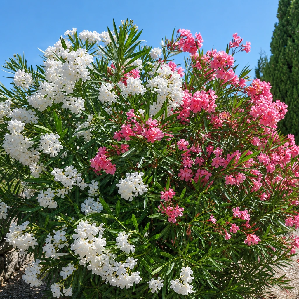 Een bloeiende Nerium oleander met witte en roze bloemen in een grote terracotta pot op een zonnig mediterraan terras