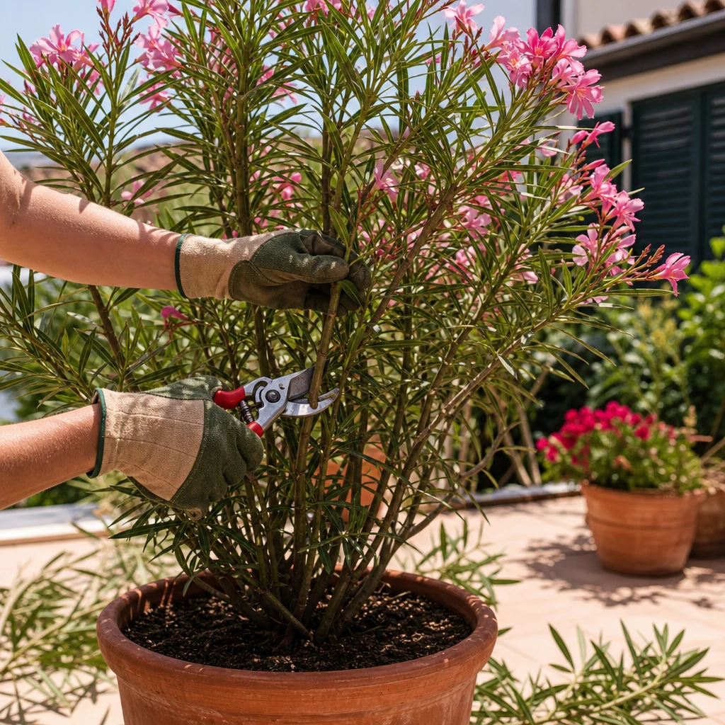 Iemand die een Nerium oleander snoeit met beschermende handschoenen, de plant staat in een grote kuip op een zonnig terras